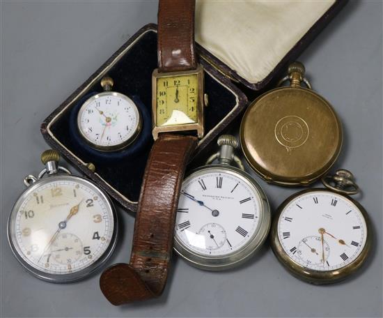 A gentlemans late 1920s Art Deco 9ct gold manual wind wrist watch and five assorted pocket or fob watches.